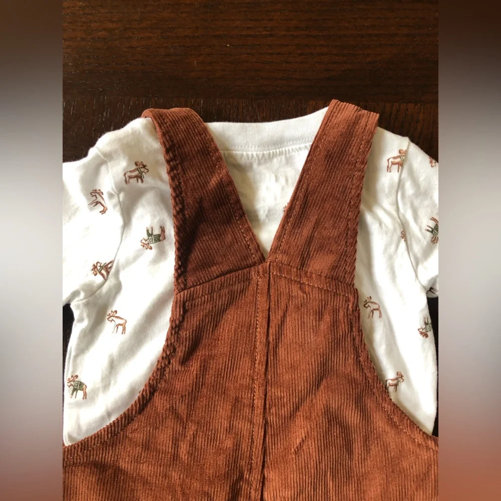 Carters Just One You 2pc Brown Moose Corduroy Overalls & Long Sleeve Top Sz 9 mo